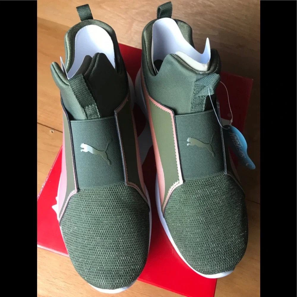 PUMA Rebel Mid Gleam Jr Olive Night Rose Gold 6.5C Slip On